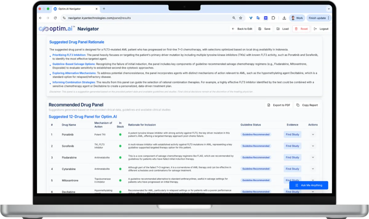 Optim.AI Navigator drug panel builder interface